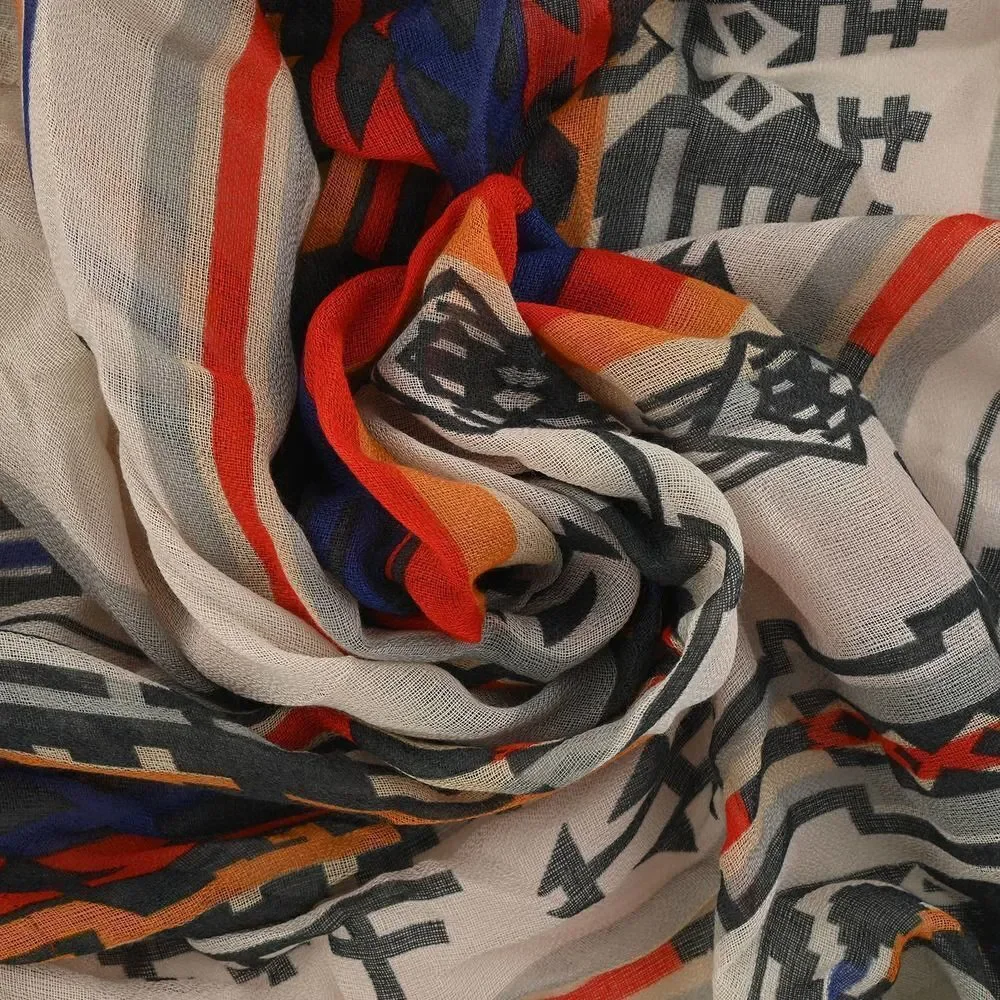 Ivory Southwestern Print Lightweight Oblong Scarf with Raw Fringe 3 For $30